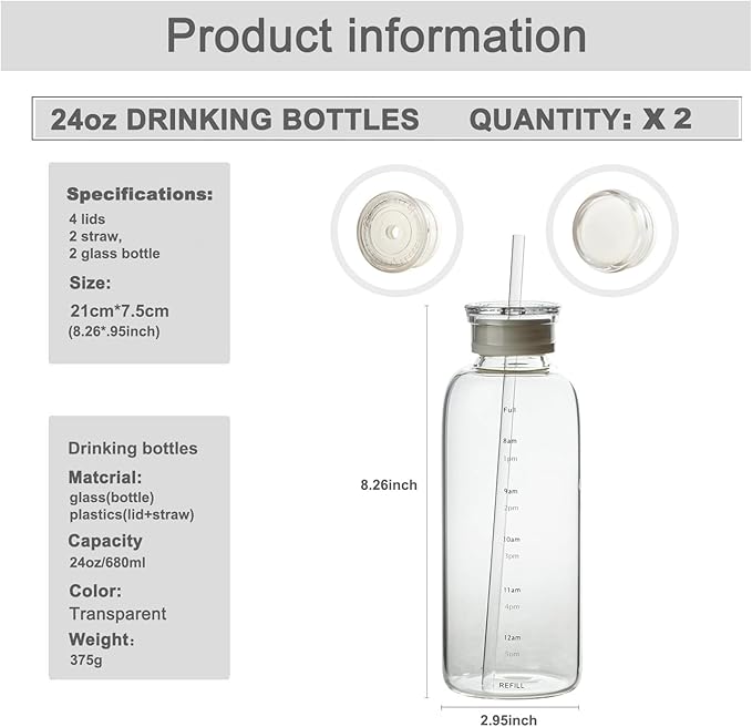 Glass water bottle With Time Marker -24oz with 2 caps and straw,Reusable Glass Drinking Bottles,Suitable For Drinks, Juices, Sodas, Coke, As Gifts Etc (24oz*2pcs)