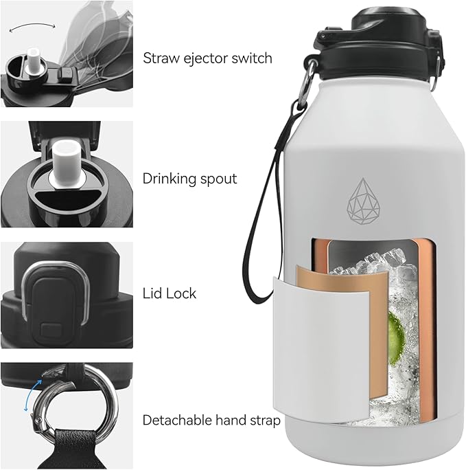 64 oz Insulated Water Bottle With Straw Pop-up & Auto Spout Lid, Flex Handel, Waterbottle Strap Carrier, Half Gallon Stainless Steel Water Water Hydro Jug Thermo Flask (Brilliant White)