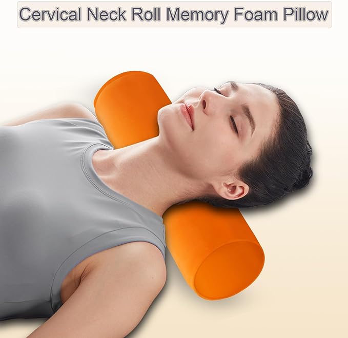 Round Cervical Roll Cylinder Bolster Pillow, 4" x 17" Orthopedic Cervical Roll Memory Foam Ergonomically Pillow forBed, Car, Office and Home Use,with Washable Cover (Orange)