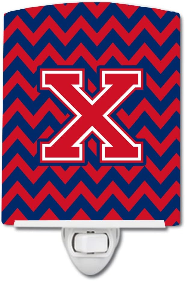 Caroline's Treasures CJ1054-XCNL Letter X Chevron Yale Blue and Crimson Ceramic Night Light Compact, UL-Certified, Ideal for Bedroom, Bathroom, Nursery, Hallway, Kitchen, 6x4x3, Multicolor