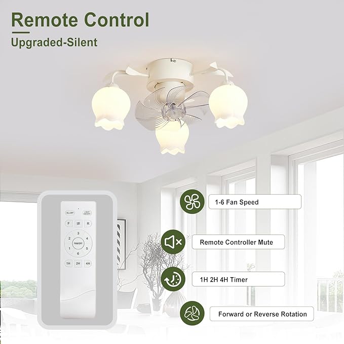 Flower Ceiling Fan with Light: White Flower Fan Lights for Girls Bedroom - Flush Mount Fandelier for Living Room - 3-Light Modern Chandelier with Fan for Home Decor Enthusiasts