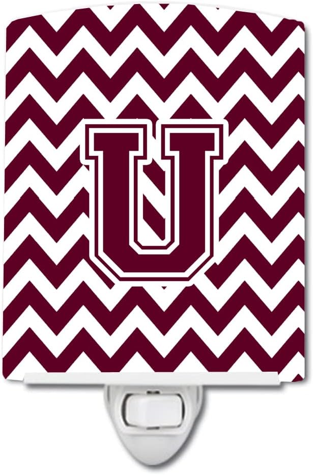 Caroline's Treasures CJ1051-UCNL Letter U Chevron Maroon and White Ceramic Night Light Compact, UL-Certified, Ideal for Bedroom, Bathroom, Nursery, Hallway, Kitchen, 6x4x3, Multicolor