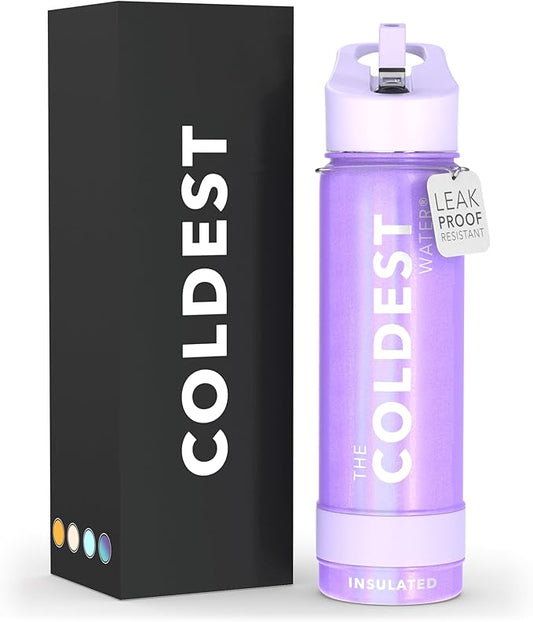 Coldest Sports Water Bottle with Straw Lid Vacuum Insulated Stainless Steel Metal Thermos Bottles Reusable Leak Proof Flask for Sports Gym (18 oz, Saturn's Moon Purple Glitter)
