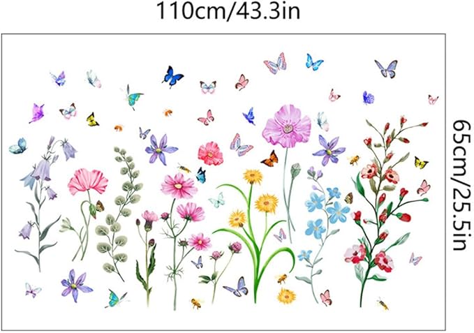Large Flower Wall Decals,Vinyl Butterfly Wildflower Wall Stickers, Removable Wall Murals Peel and Stick Floral Wall Art Decor Wallpaper for Living Room Bedroom Kitchen Office