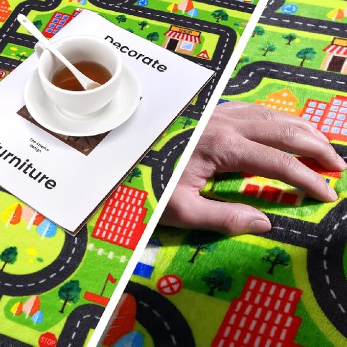 Kids Playmat Car Rug Educational Car Rugs Large City Life Play Mat for Bedroom Play Room Round Rug Non Slip Kids Foam Rug Playtime Activity Mat for Toddler Baby Boys and Girls 4 x 4