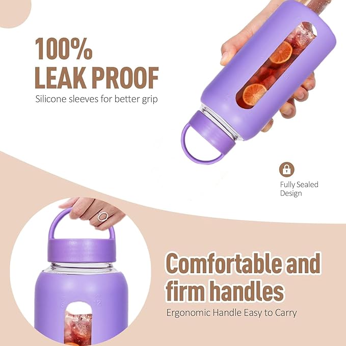 25oz Glass Water Bottles,glass tumbler with straw and 2 lid,Glass Cup with Lid and Straw(BPA Free),Water Bottle with Handle for Outdoor Sports and Home Use.(Green)