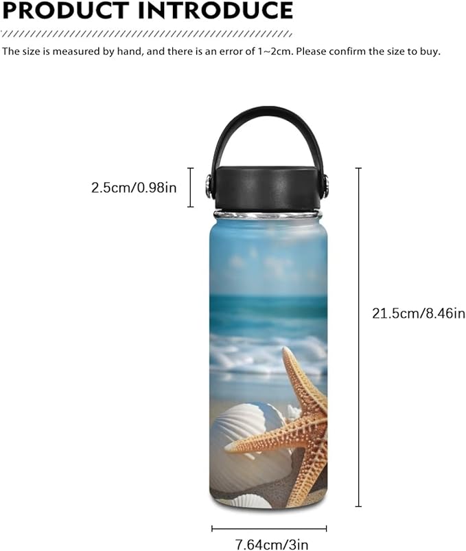 Beach Starfish Insulated Water Bottle for Women Men Stainless Steel Water Bottle with Handle Reusable Sports Water Bottle for Daily Use, Beach, Travel Cup Coffee Mug