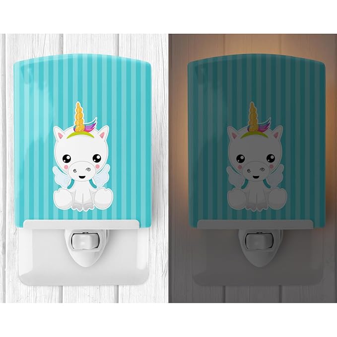 Caroline's Treasures BB9141CNL Unicorn on Blue Stripes Ceramic Night Light Compact, UL-Certified, Ideal for Bedroom, Bathroom, Nursery, Hallway, Kitchen, 6x4x3, Multicolor