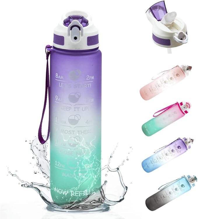Prometheuz 32oz Water Bottle with Straw, Motivational Water Bottle with Time Marker, Water Bottles Leakproof & BPA-Free for Sports, Work and Fitness Purple Mint