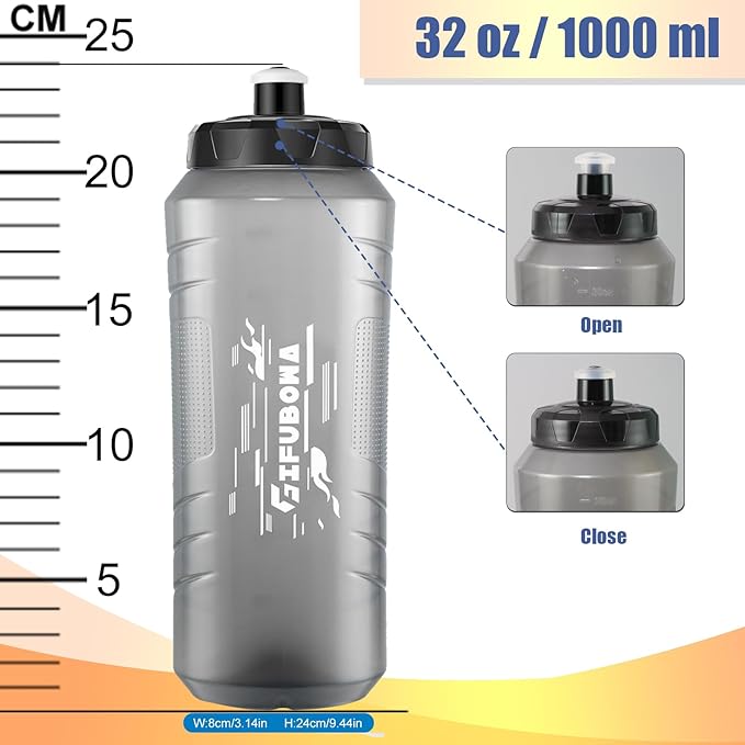 GIFUBOWA 1L Squeeze Water Sports Bottle 1 Liter Hockey Bottles 2 Pack - Easy Grip Design