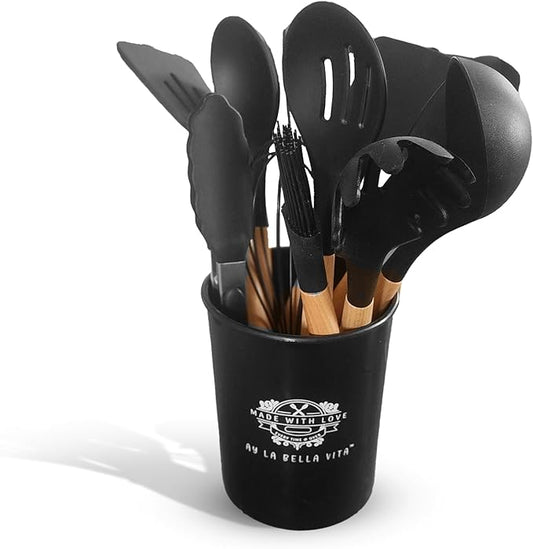 Silicone Utensil Set, 12 PCS Wooden Handle Nontoxic BPA Free 100% Food Grade Silicone Spoon Spatula Ladle Turner Tongs Kitchen Gadgets Utensil Set for Nonstick Cookware (Black)