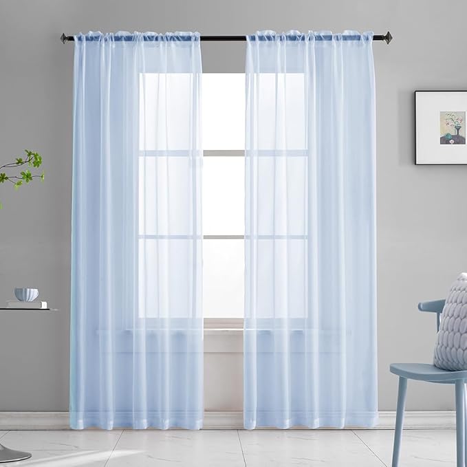 Sky Blue Sheer Curtains 72 Inches Long for Bedroom Rod Pocket Sheer Voile Curtains Panels Light Filtering Baby Blue Sheer Drapes for Windows/Living Room/Boys/Kids Room 52x72 2 Panels