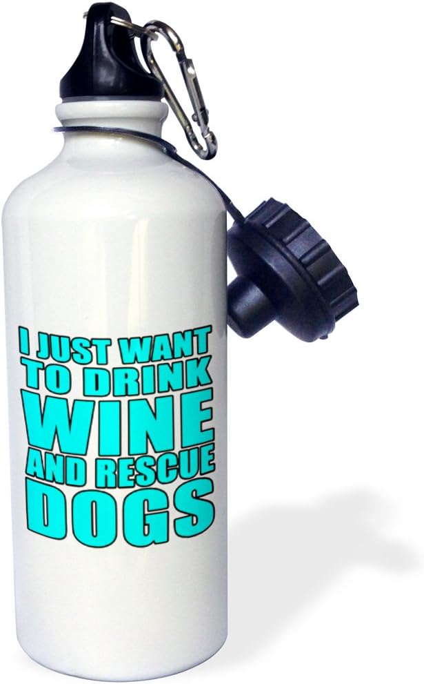 3dRose I Just Want to Drink Wine and Rescue Dogs Aqua Sports Water Bottle, 21 oz, White