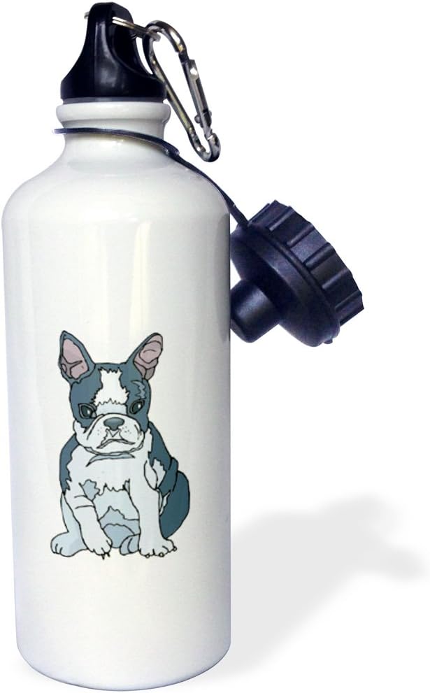 3dRose "Cute and Cuddly Canine French Bulldog Pup" Sports Water Bottle, 21 oz, White