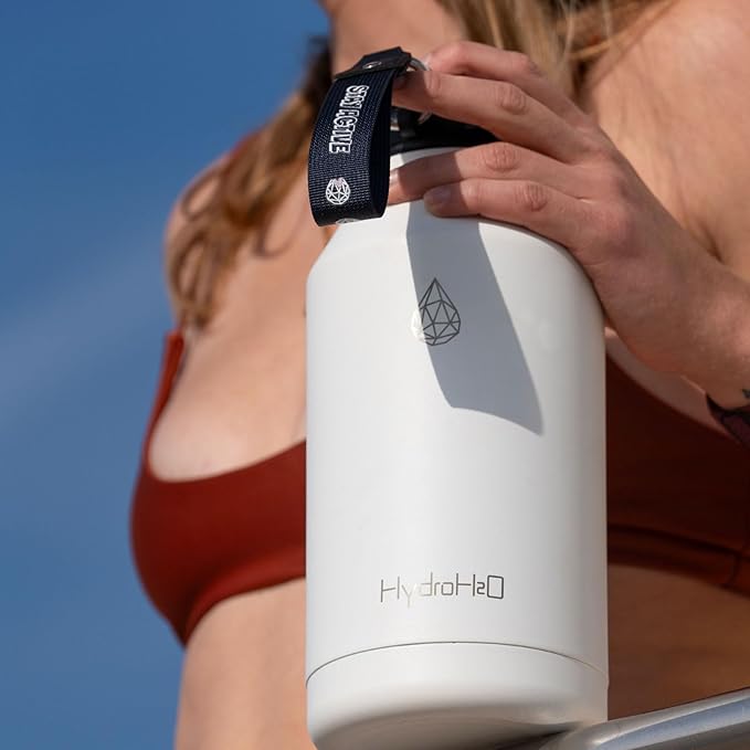 64 oz Insulated Water Bottle With Straw Pop-up & Auto Spout Lid, Flex Handel, Waterbottle Strap Carrier, Half Gallon Stainless Steel Water Hydro Jug Thermo Flask (Black)