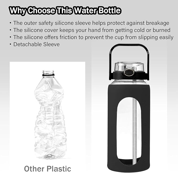 64oz Glass Water Bolttles with Straw,Motivational Half Gallon Water Bottle with Time Marker & Silicone Sleeve, Leakproof & BPA Free Reusable Clear Glass Water Jug for Gym Workout (Green)