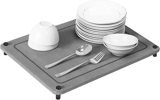 Stone Dish Drying Mat for Kitchen Counter 15.6 x 11.7 Inch Quick Dry Dish Drying Stone Super Absorbent Diatomaceous Earth Dishes Drying Mat with Non-Slip Feet for Kitchen Sink Water Absorbing - Grey