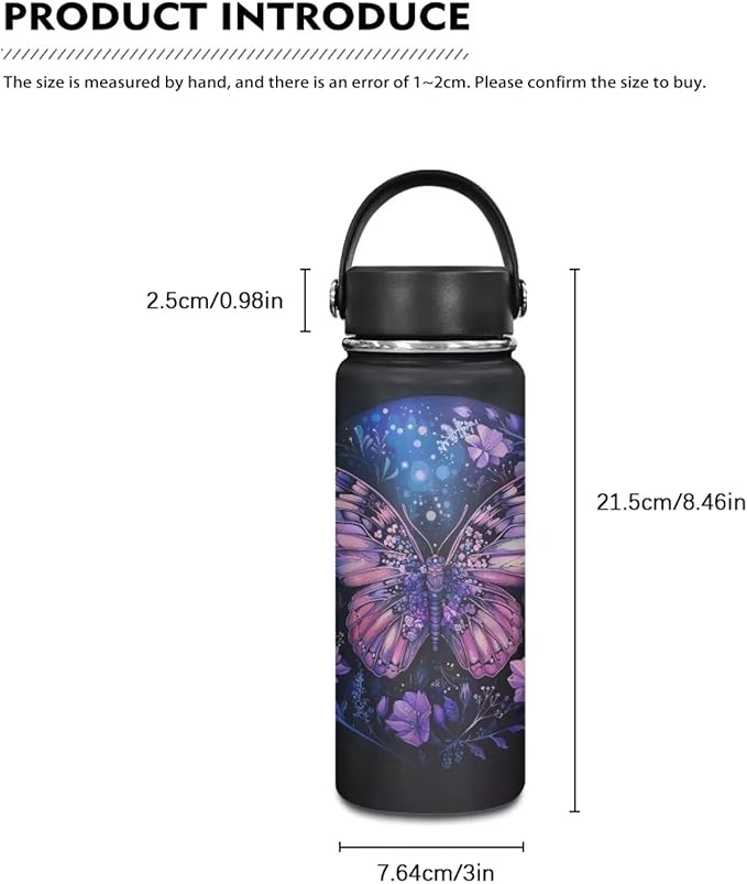 Butterfly Water Bottles Stainless Steel Wide Mouth Vacuum Insulated Thermos Leakproof Canteen Keep Cold,18 Oz