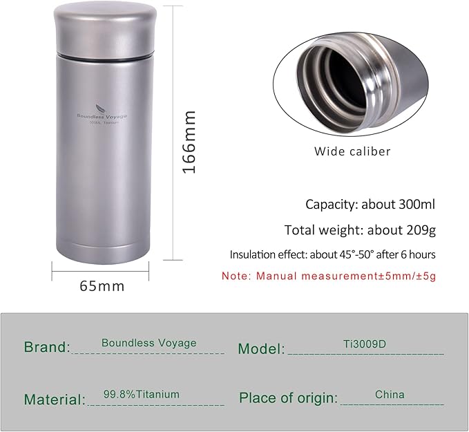 Boundless Voyage Titanium 300ml/450ml Vacuum Water Bottle with Tea Filter Double-Walled Lightweight Leak-Proof Sport Water Bottle for Travel Outdoor Office (10 fl oz)