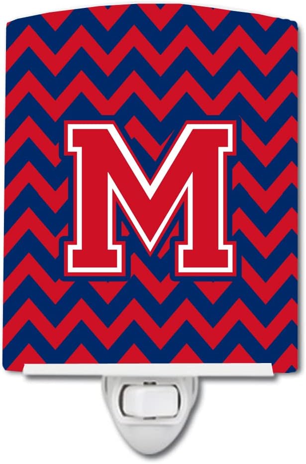Caroline's Treasures CJ1054-MCNL Letter M Chevron Yale Blue and Crimson Ceramic Night Light Compact, UL-Certified, Ideal for Bedroom, Bathroom, Nursery, Hallway, Kitchen, 6x4x3, Multicolor