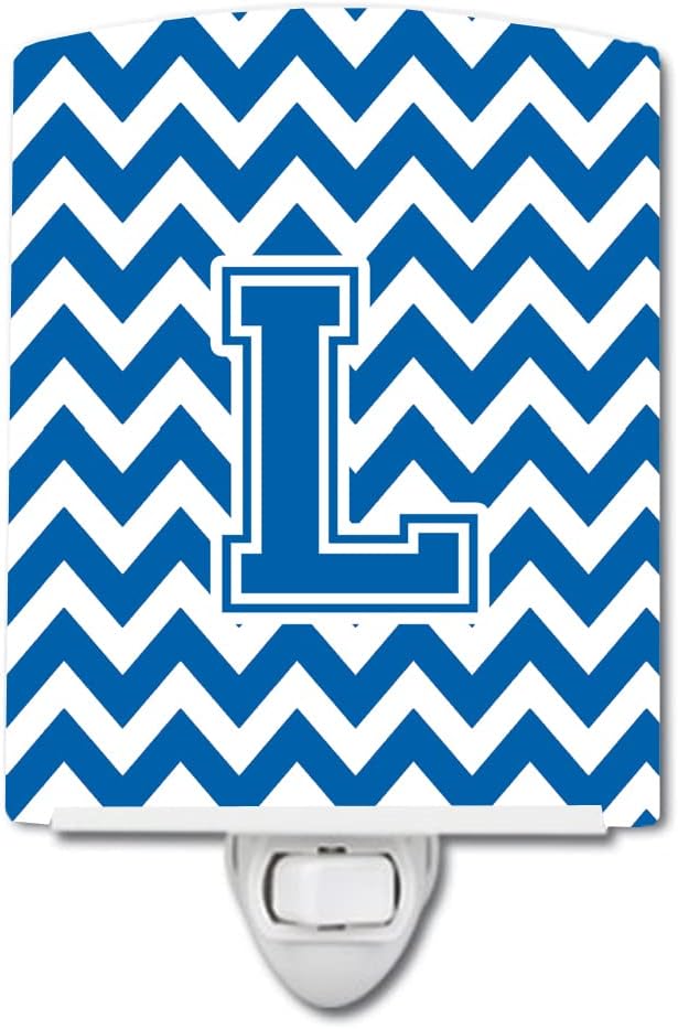 Caroline's Treasures CJ1056-LCNL Letter L Chevron Blue and White Ceramic Night Light Compact, UL-Certified, Ideal for Bedroom, Bathroom, Nursery, Hallway, Kitchen, 6x4x3, Multicolor