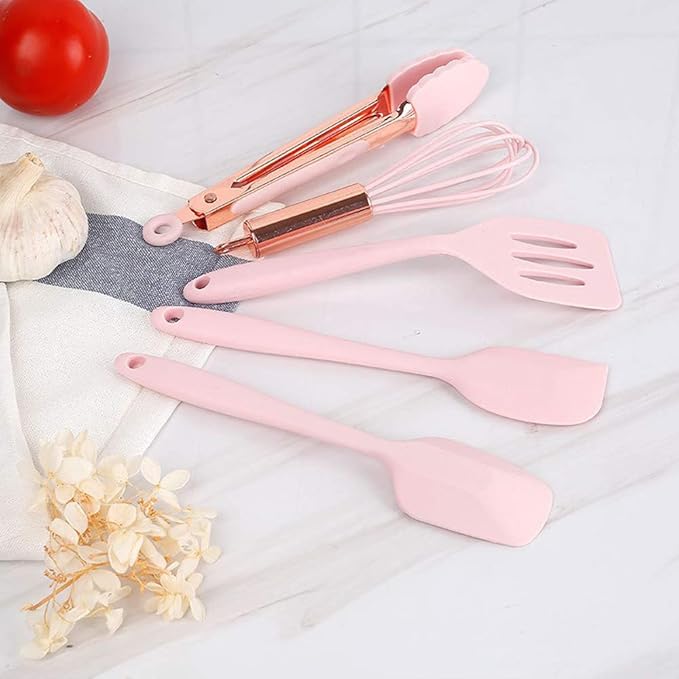 Rose Gold and Pink Kitchen Utensil Small Five-Piece Set Mini Silicone Kids Kitchen Tools Whisk Spatula Tongs Spoon and Slotted Spatula(Kids Baking Supplies)