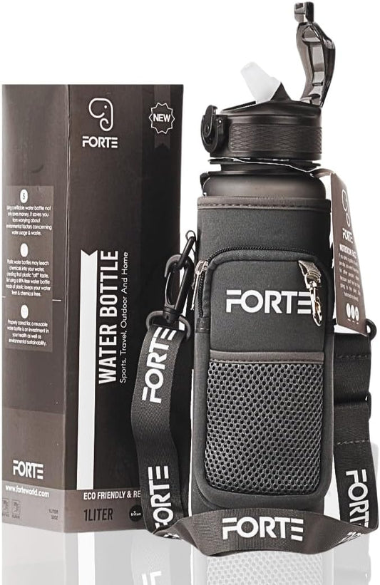 FORTE Plastic Water Bottle with Sleeve - BPA-Free Water Jug with Leak Proof Lid and Straw - Perfect for Gym, Office, and Everyday Use (Grey)