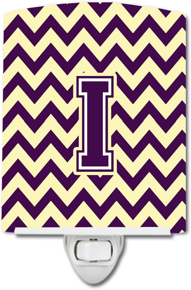 Caroline's Treasures CJ1058-ICNL Letter I Chevron Purple and Gold Ceramic Night Light Compact, UL-Certified, Ideal for Bedroom, Bathroom, Nursery, Hallway, Kitchen, 6x4x3, Multicolor