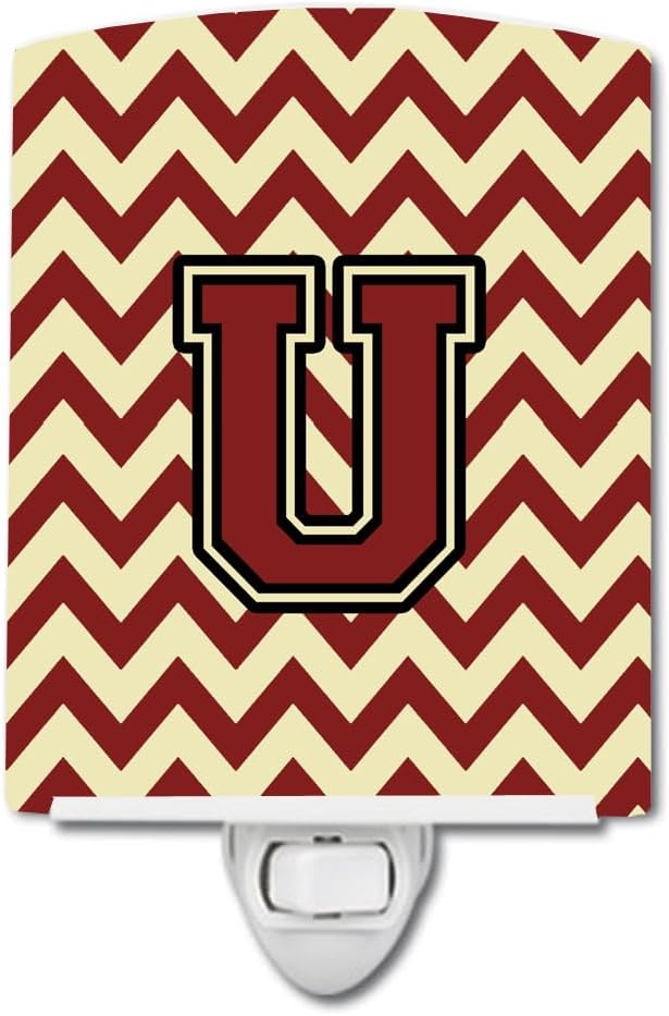 Caroline's Treasures CJ1061-UCNL Letter U Chevron Maroon and Gold Ceramic Night Light Compact, UL-Certified, Ideal for Bedroom, Bathroom, Nursery, Hallway, Kitchen, 6x4x3, Multicolor