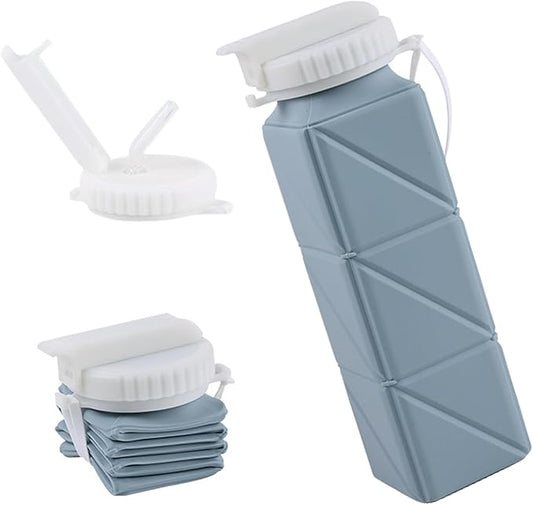 EOBTAIN Blue Collapsible Water Bottle with Straw 20oz Soft Foldable Water Bottles BPA Free and Food Grade Silicone Water Cup for Travel,Hiking,Gym.Portable Leak Proof and Reusable Sports Bottle.
