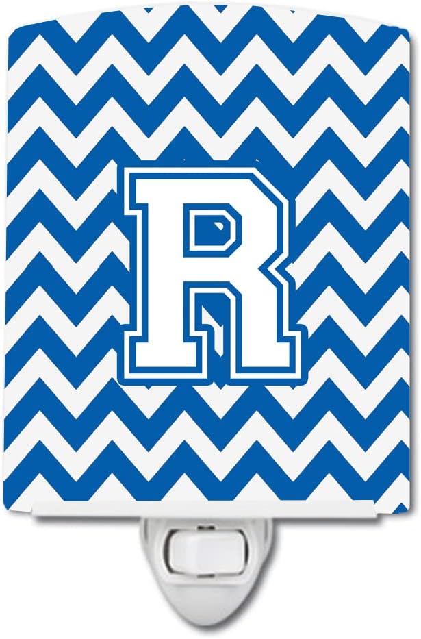 Caroline's Treasures CJ1045-RCNL Letter R Chevron Blue and White Ceramic Night Light Compact, UL-Certified, Ideal for Bedroom, Bathroom, Nursery, Hallway, Kitchen, 6x4x3, Multicolor