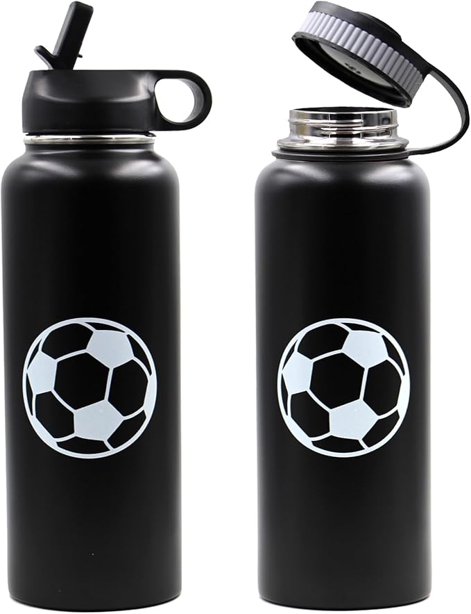 40 oz Soccer Water Bottle, Wide Mouth Travel Sports Flask with 2 Lids(Straw Lid+Flex Cap)BPA Free 18/8 Stainless Steel Double Wall Vacuum Insulated Water Bottles (40oz, Soccer)