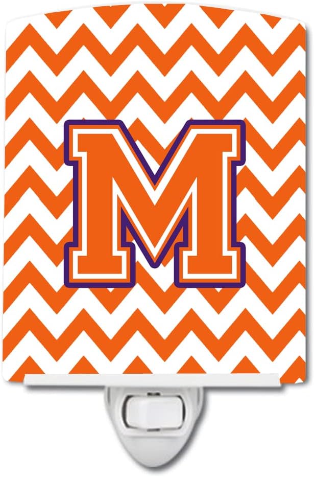 Caroline's Treasures CJ1062-MCNL Letter M Chevron Orange and Regalia Ceramic Night Light Compact, UL-Certified, Ideal for Bedroom, Bathroom, Nursery, Hallway, Kitchen, 6x4x3, Multicolor