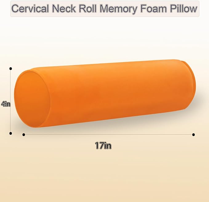 Round Cervical Roll Cylinder Bolster Pillow, 4" x 17" Orthopedic Cervical Roll Memory Foam Ergonomically Pillow forBed, Car, Office and Home Use,with Washable Cover (Orange)