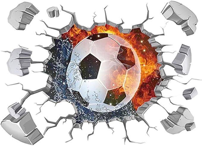3D Soccer Wall Stickers Removable Soccer Wall Decals for Boys Break Through The Wall Vinyl Football Soccer Wall Stickers Murals Vinyls Decals for Teenager Room Playroom Decor (T0188)