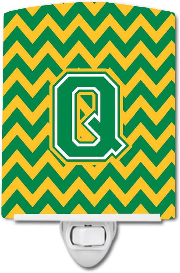 Caroline's Treasures CJ1059-QCNL Letter Q Chevron Green and Gold Ceramic Night Light Compact, UL-Certified, Ideal for Bedroom, Bathroom, Nursery, Hallway, Kitchen, 6x4x3, Multicolor