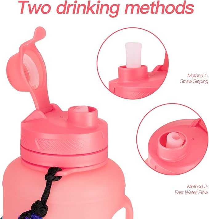 68 oz Collapsible Water Bottles With Straw, Half Gallon Water Bottle With Motivational Time Marker, Large Reusable Silicone Water Jug With Paracord Handle For Sports, Outdoors (Pink)