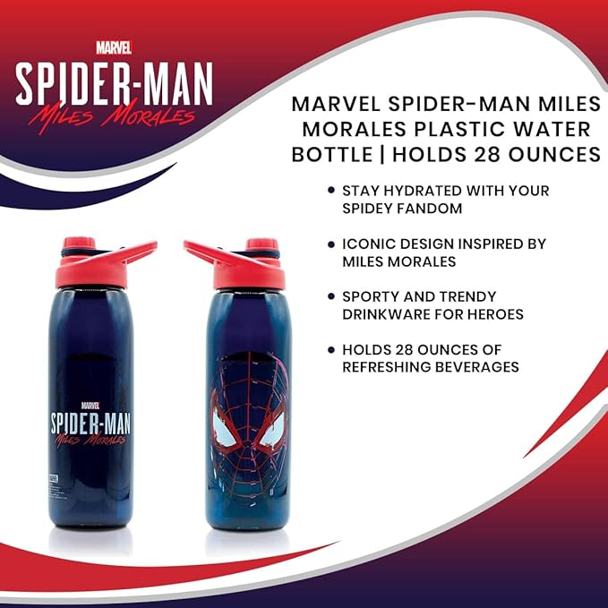 Silver Buffalo Marvel Spider-Man Miles Morales 28-Ounce Sports Bottle | BPA-Free Plastic Water Jug With Leakproof Screw-Top Lid And Flip-Up Cap | Hydration For Outdoor Activities, Gym Fitness Gifts