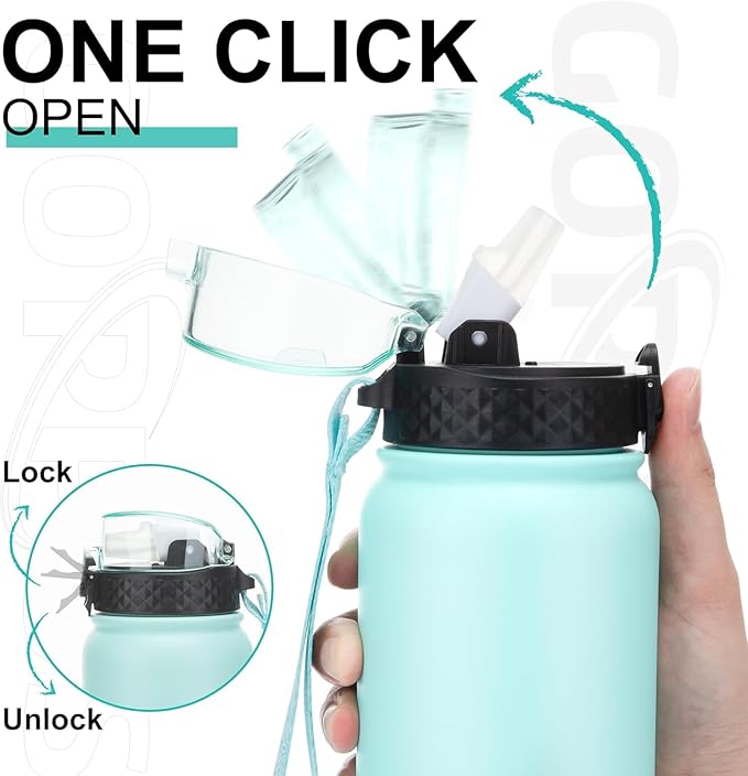 GOPPUS 32 oz Sports Water Bottle 1 Liter Double Wall Insulated Stainless Steel Water Bottles with Straw Lid Reusable Leak proof Metal water bottles with Strap Handle(Green Pink 1 lid)