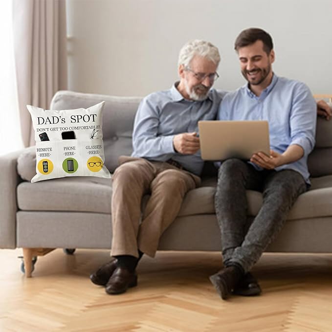 Father's Day Throw Pillow Case, Dad's Spot Throw Pillow Covers 18 x 18 Inch,Dad Gifts from Daughter Son,Birthday Christmas Thanksgiving Day Gifts for Papa Stepdad ,3-Pocket