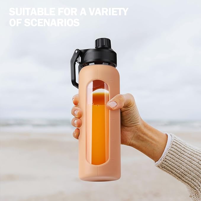 Glass Water Bottles with Straw -24oz- Water Bottle Phone Holder for Gym Sports Water Bottles with Silicone Sleeve Glass Drinking Bottles 2 Lids - Spout & Bamboo Straw Lid(Amber)
