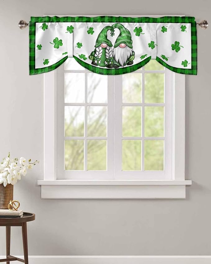 Gnome St. Patrick's Day Blackout Tie Up Valance Curtains for Kitchen Windows Buffalo Plaid Shamrock Window Toppers Balloon Shades for Living Room/Bathroom/Bedroom,1 Panel, 60" X 18", Spring Holiday