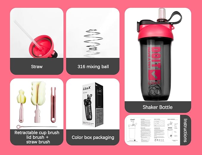 Litex Shaker Bottles for Protein Shakes, 26oz Blender Shaker Bottle for Pre-Workout,Shaker Cups with Straw, BPA-free Tritan Mixer Bottles for Protein Powder,with Cup Brush and Instructions (Rose red)