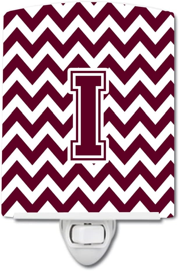 Caroline's Treasures CJ1051-ICNL Letter I Chevron Maroon and White Ceramic Night Light Compact, UL-Certified, Ideal for Bedroom, Bathroom, Nursery, Hallway, Kitchen, 6x4x3, Multicolor