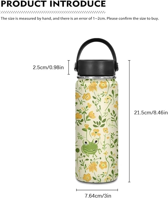 Cute Frog Insulated Water Bottle with Handle 18Oz Stainless Steel Double-Walled Thermos For Cold Drinks For Hot Beverages Vacuum Insulated Reusable Bottle