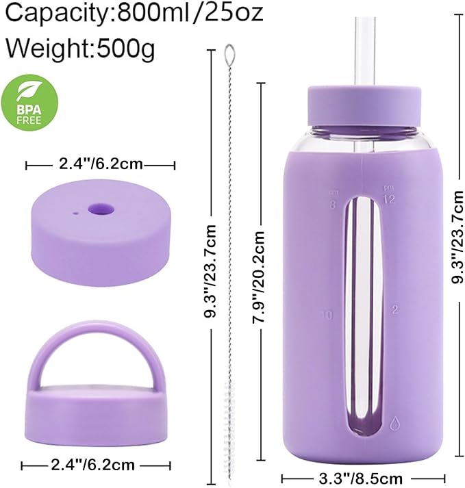 25oz Glass Water Bottles,glass tumbler with straw and 2 lid,Glass Cup with Lid and Straw(BPA Free),Water Bottle with Handle for Outdoor Sports and Home Use.