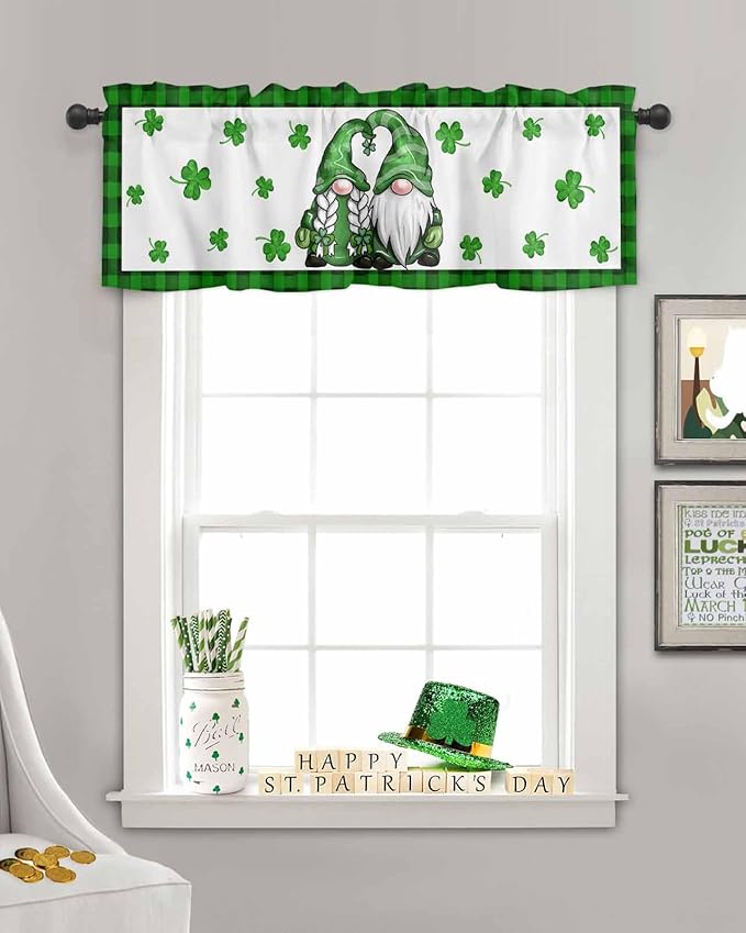 Gnome St. Patrick's Day Kitchen Curtains Valances for Windows Buffalo Plaid Shamrock Rod Pocket Window Treatment for Kitchen /Living Room/Bedroom/ Bathroom, 60" X 18", Seasonal Spring Holiday