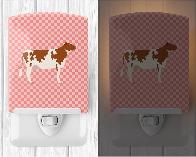 Caroline's Treasures BB7827CNL Ayrshire Cow Pink Check Ceramic Night Light Compact, UL-Certified, Ideal for Bedroom, Bathroom, Nursery, Hallway, Kitchen, 6x4x3, Multicolor