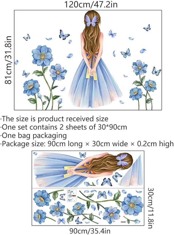 Baby Girl Wall Decals Blue Flower Butterfly Wall Sticker DIY Butterfly Wall Decals Removable Vinyl Peel and Stick for Kids Baby Nursery Bedroom Playroom Art Decoration