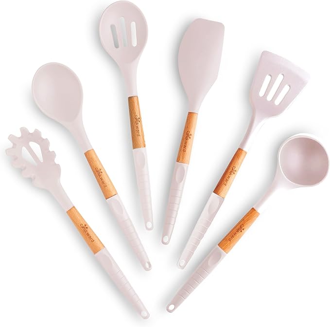 Silicone Cooking Utensils Set (6 pcs) Natural Wood Kitchen Utensils – Eco Friendly & BPA Free, Non-Scratch & Non-Stick Easy Grip -White
